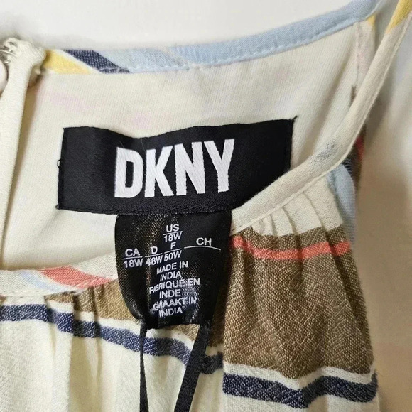 DKNY Cotton Halter Neckline Belt Sleeveless Midi Ivory Multicolor Dress Size 18W - Picture 3 of 12